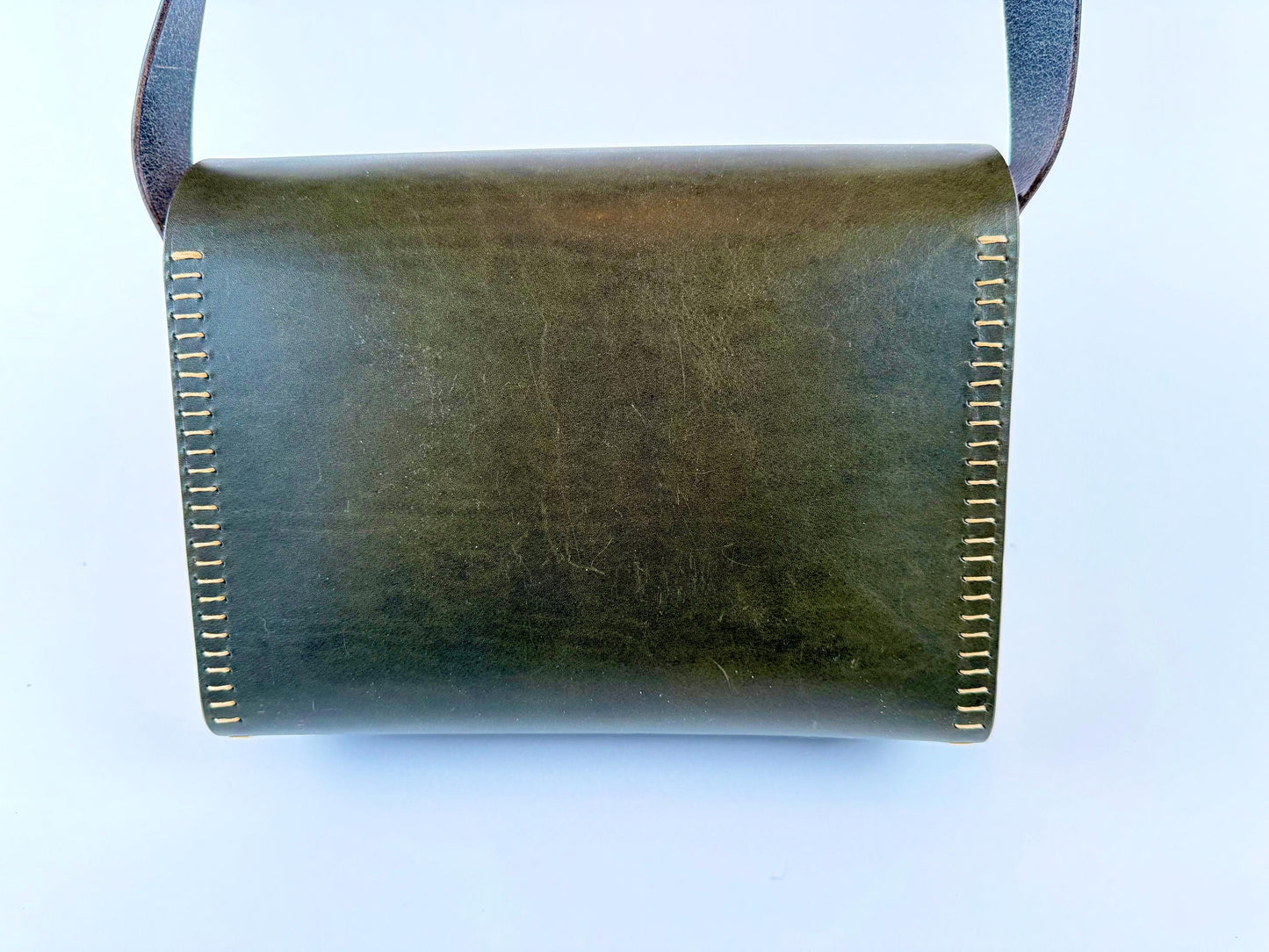 Handmade Green Leather Cross-body Purse with Wooden Side Panels and Celtic Pyrography - Hand-Stitched