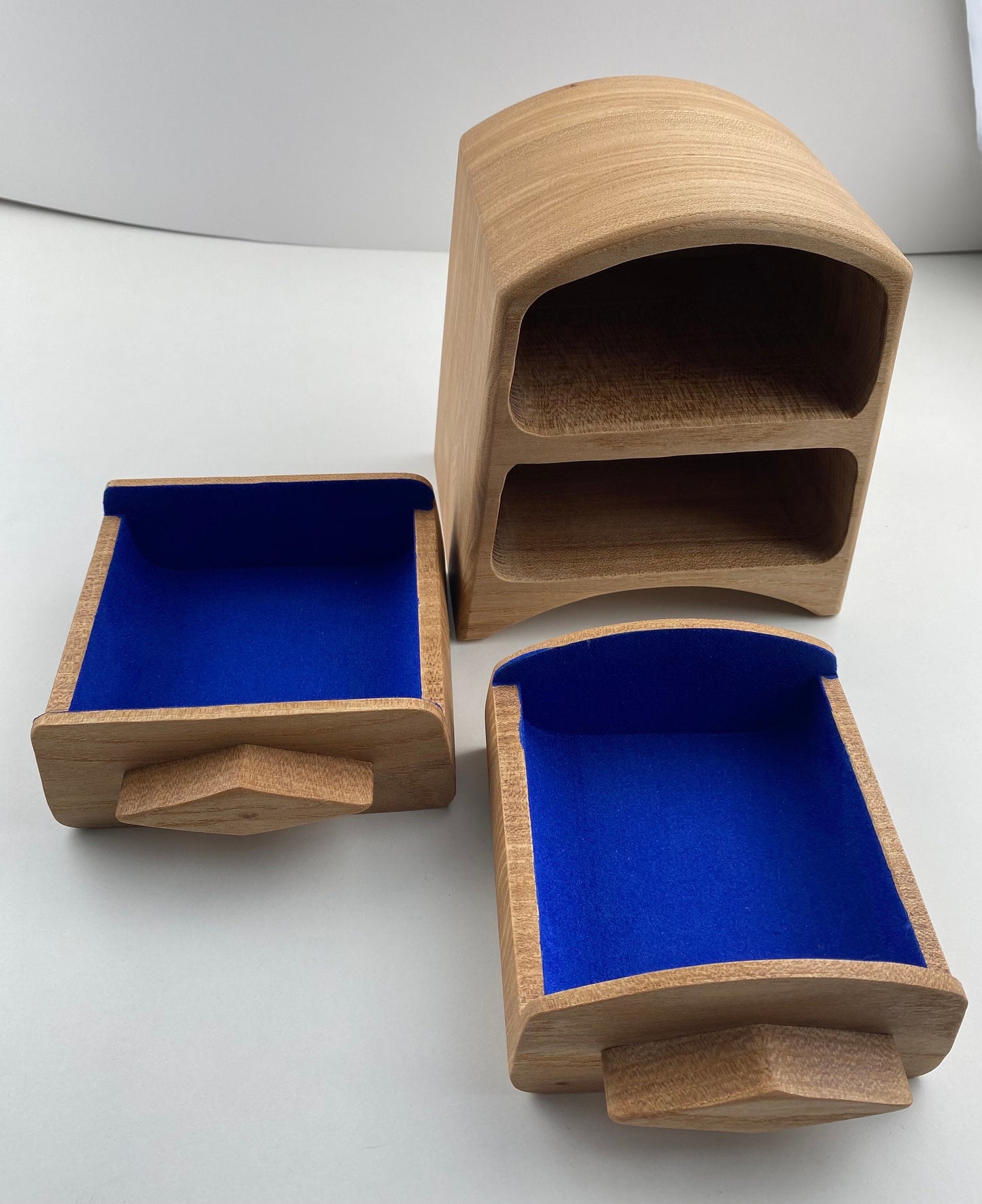 Small Handmade Keepsake Box - Elm wood - sleek 2-drawer with Blue Flocking (locally sourced wood) - bandsaw box