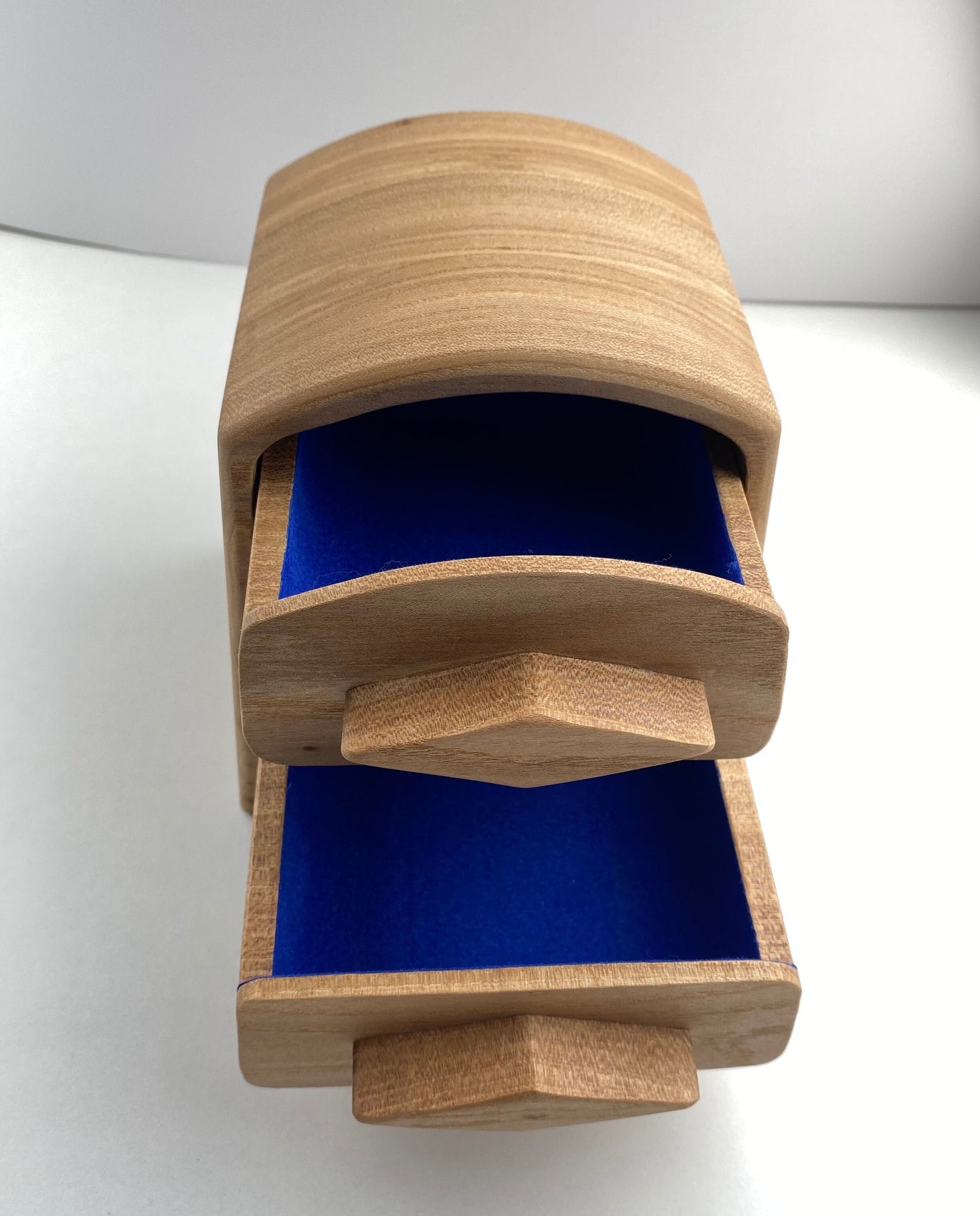 Small Handmade Keepsake Box - Elm wood - sleek 2-drawer with Blue Flocking (locally sourced wood) - bandsaw box
