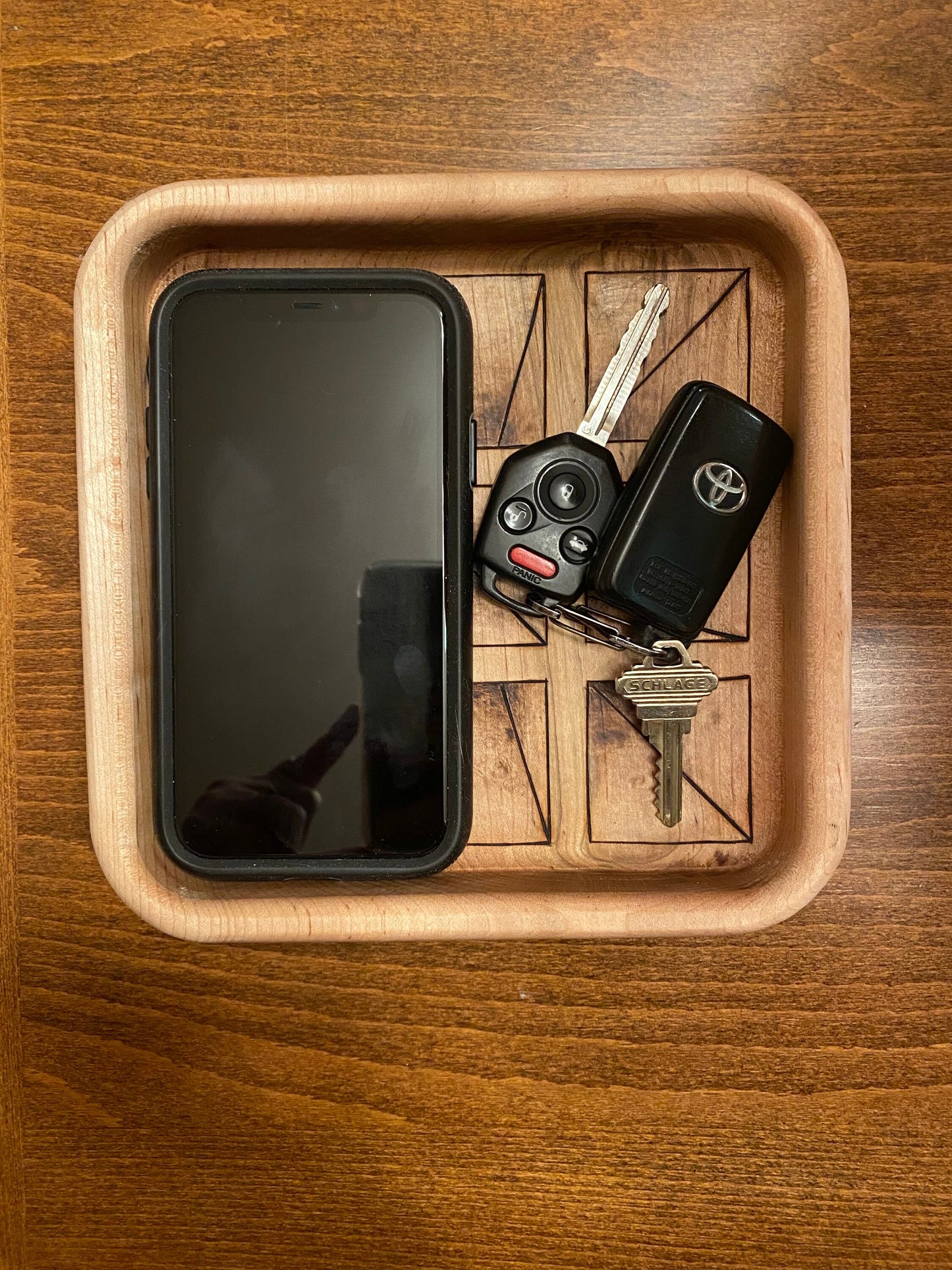 Handmade Keepsake/Valet Tray - 3D Squares Design - Woodburned (Pyrography)