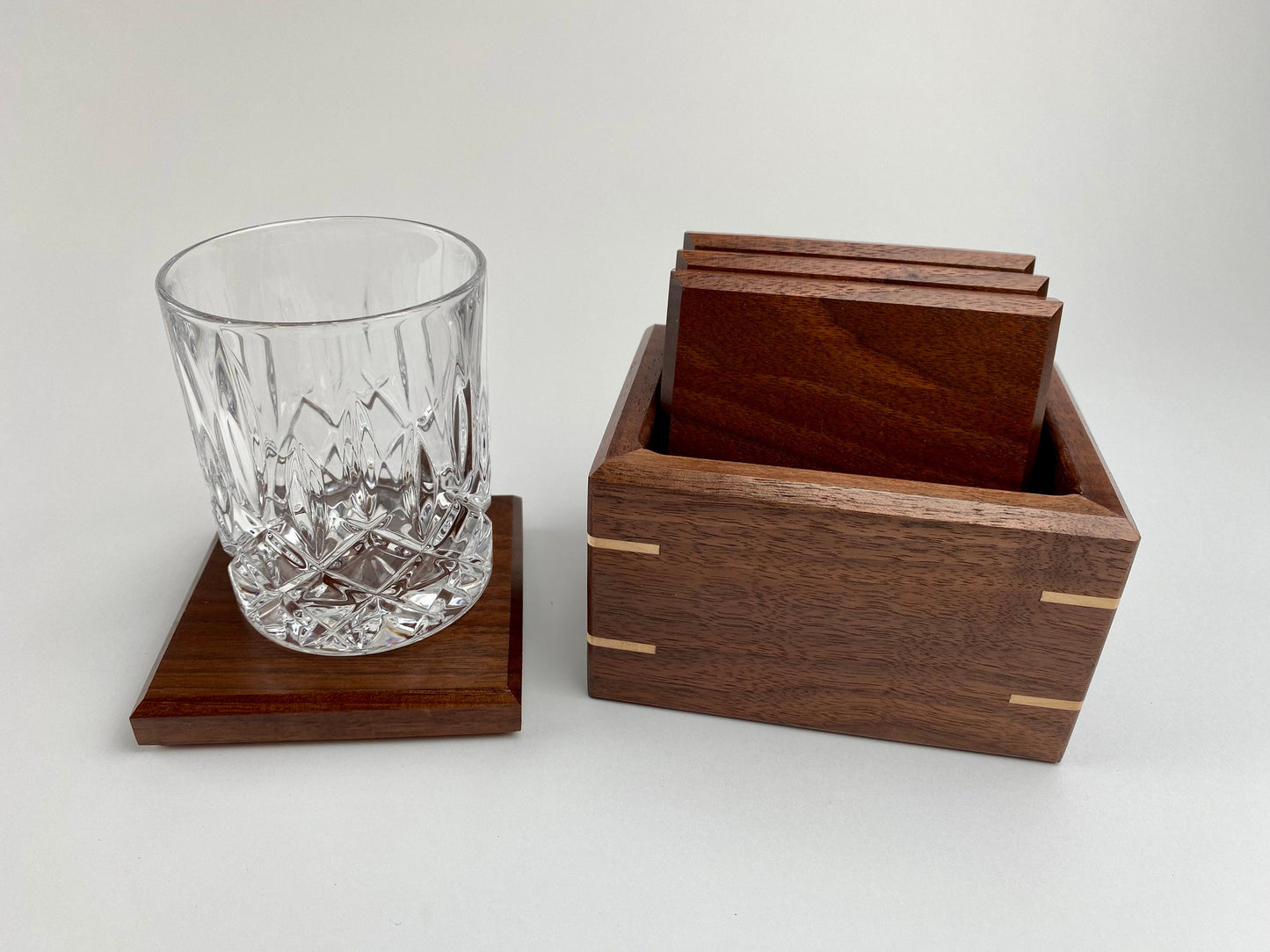 Handmade Walnut Wood Coasters - Set of 4 - with walnut and maple storage box