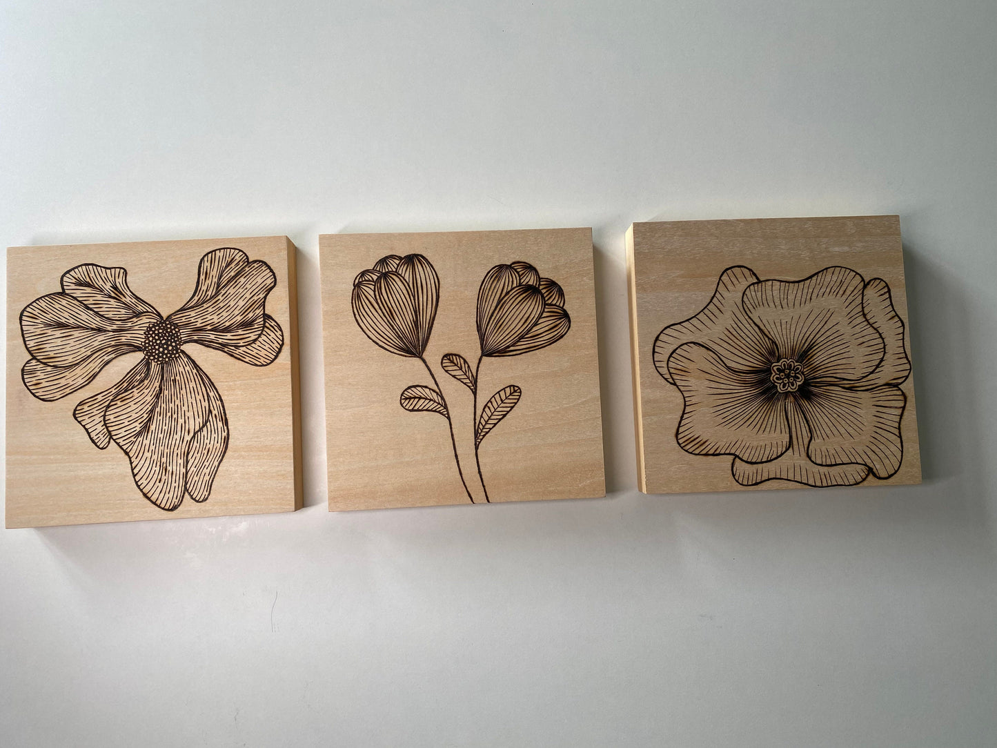 Wall Art: Zentangle Flowers - Trio of 6”x6” tiles - Woodburned (Pyrography)